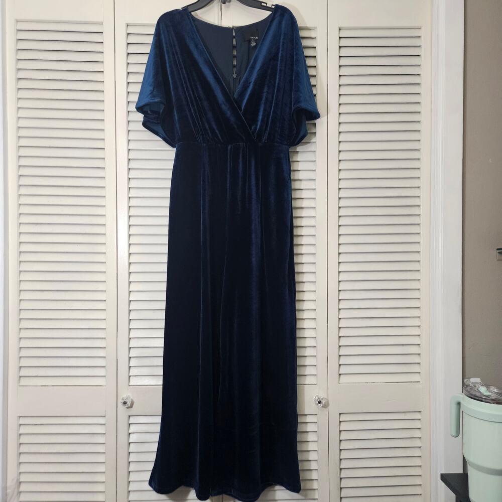 Greylin Anthropologie Velvet Wide Leg Jumpsuit Teal V-Neck Flutter Sleeve Size S